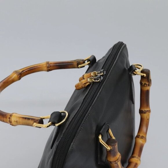 GUCCI Bamboo Hand Bag Leather 2way Black Gold - Picture 8 of 16